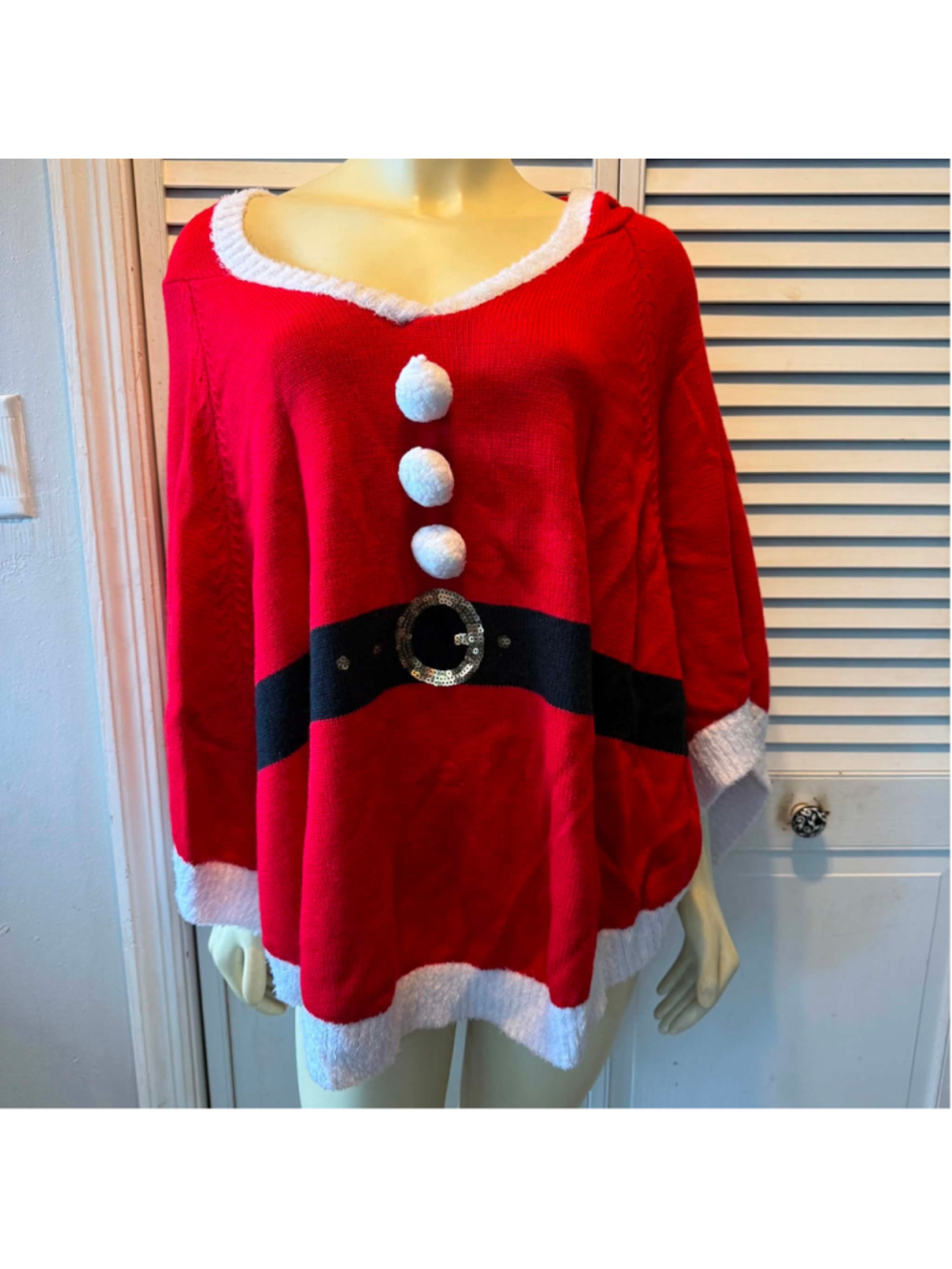Women's Holiday Time Santa Poncho Sweater XL Red White
